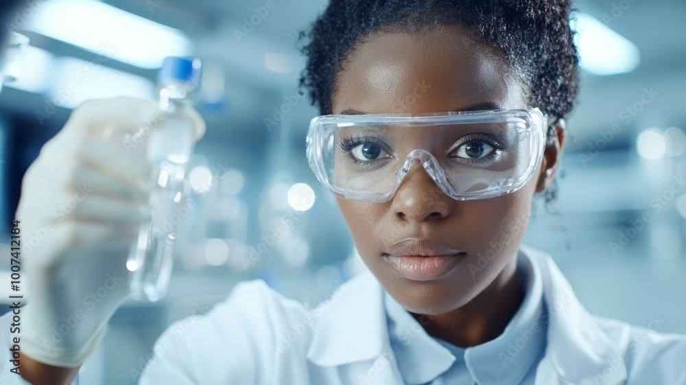 A woman wearing a lab coat and safety goggles holds a bottle in her hand
