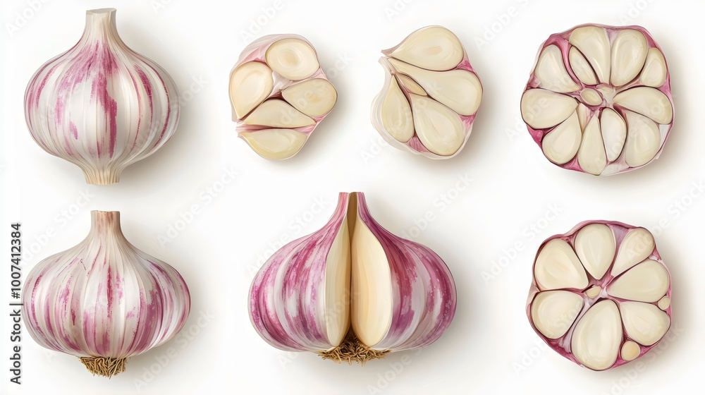 Fototapeta premium Top View of Whole and Cut Purple Garlic Bulbs on a White Background