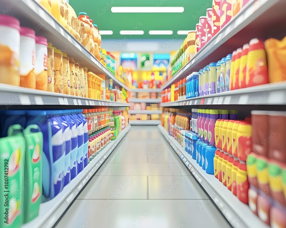 Fototapeta premium Colorful grocery aisle filled with beverages and snacks. A vibrant view of organized shelves in a supermarket.