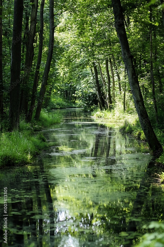 Tranquil stream flowing through lush green forest, nature photography Tranquil stream flowing through lush green forest, nature photography