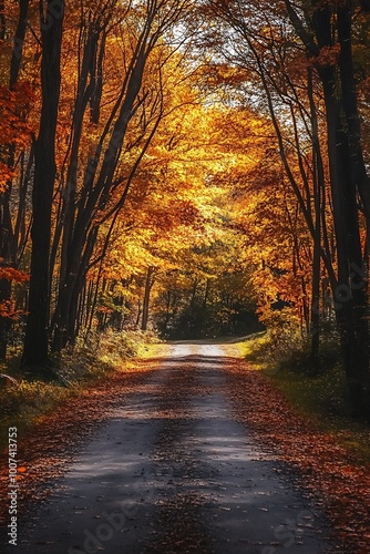 Autumn Road Through Golden Forest