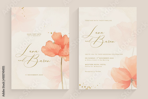 Aesthetic Wedding Invitation Tempate with Red Flower Watercolor Arrangement