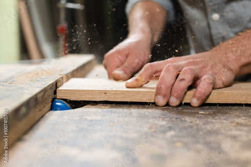 A carpenter mills an oak part with a milling cutter by hands