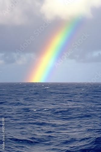 Over the Pacific Ocean, a rainbow is surrounded by dark clouds.