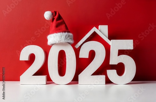 White numbers “2025” with Santa Claus hat and house roof on top on a red Christmas background. Generated AI photo