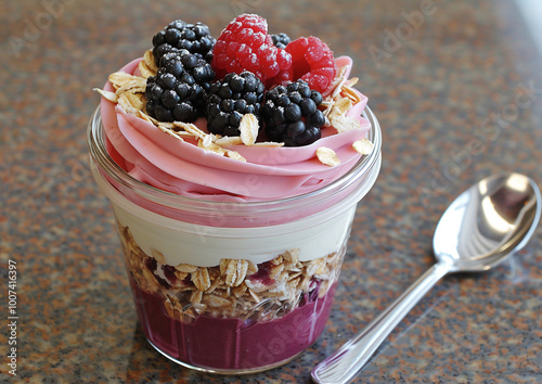 Delicious Yogurt Parfait with Mixed Berries and Oats photo