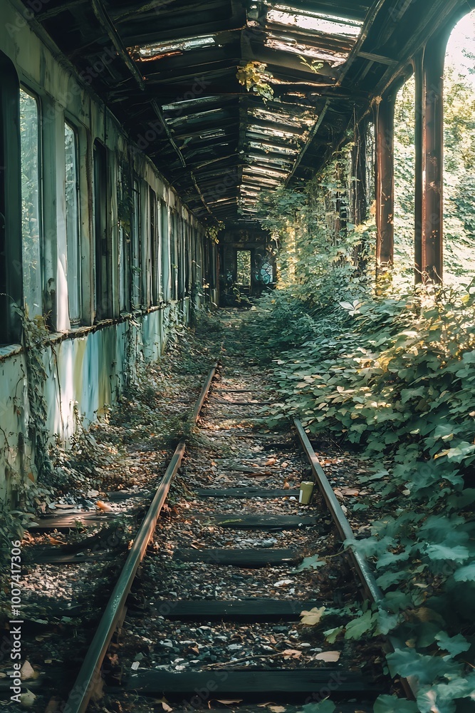 Overgrown abandoned railway tunnel with rusted tracks and green foliage, concept of forgotten, decay, nature reclaiming, lost places Overgrown abandoned railway tunnel with rusted tracks and green foliage, concept of forgotten, decay, nature reclaiming, lost places