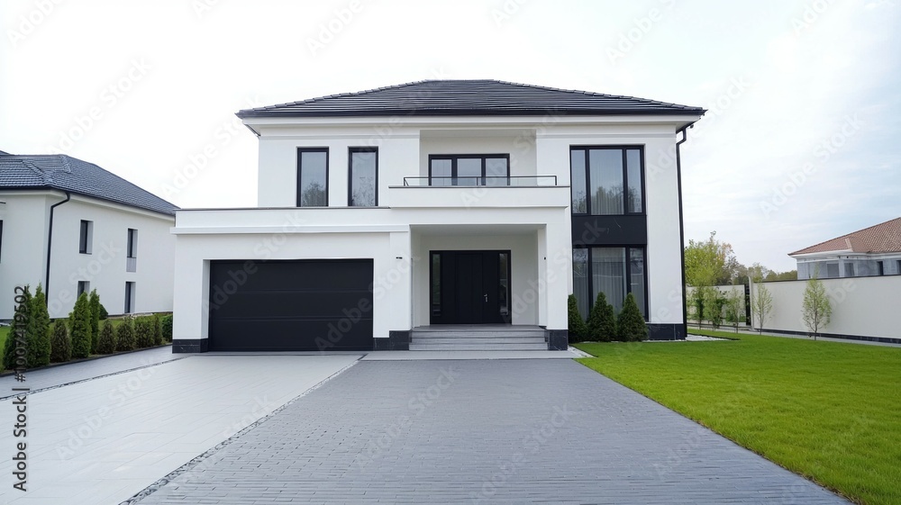 A large white house with a black garage door A large white house with a black garage door