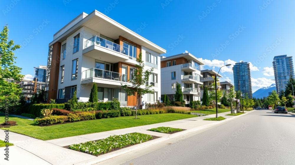 A row of apartment buildings with a green lawn in front of them A row of apartment buildings with a green lawn in front of them