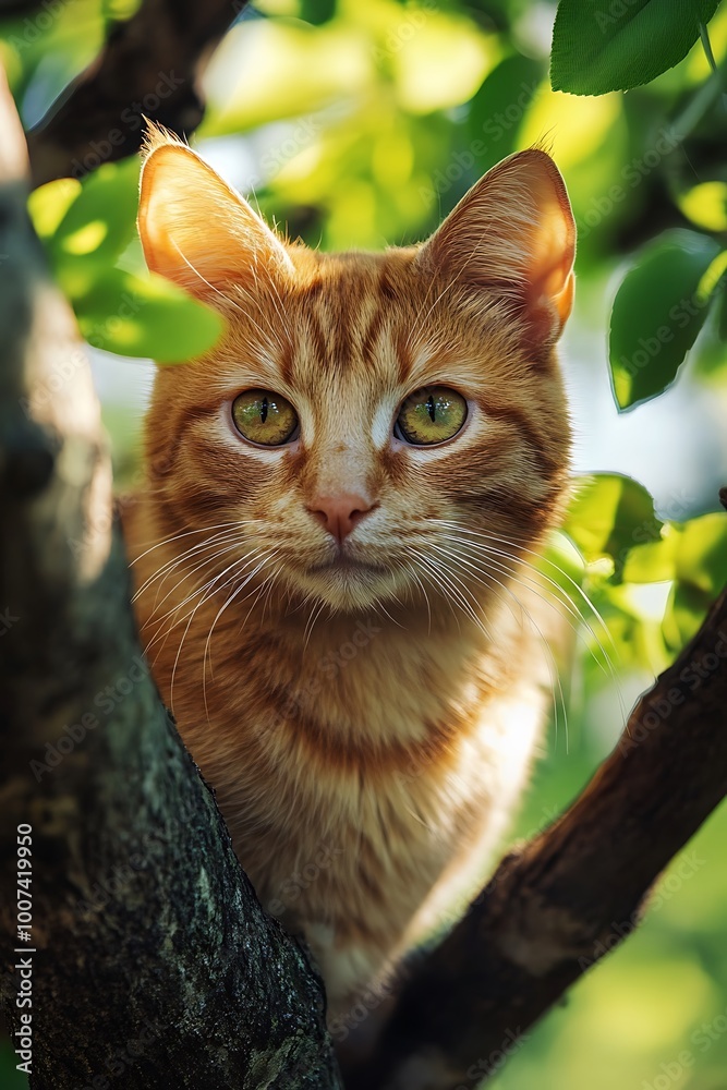 Fototapeta premium Orange tabby cat perched in a tree, looking directly at the camera with curious green eyes.