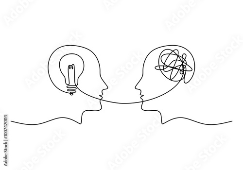 Mental health care in one line drawing. Two heads, light bulb and scribble brain. Vector art.