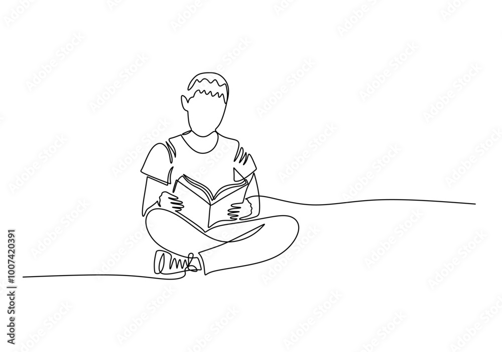 Child reading a book in one line drawing. Academic exploration and education concept. Vector art. Child reading a book in one line drawing. Academic exploration and education concept. Vector art.