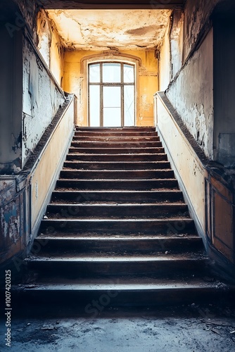 Old, Abandoned Staircase Leading Up to a Sunlit Window in an Abandoned Building