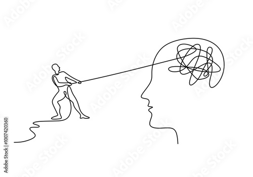 People pulling heads in one line art. Mental health concept. Minimalist vector illustration.