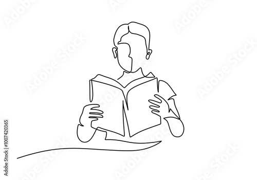 Child reading a book in one line drawing. High school education and literature concept. Vector art.