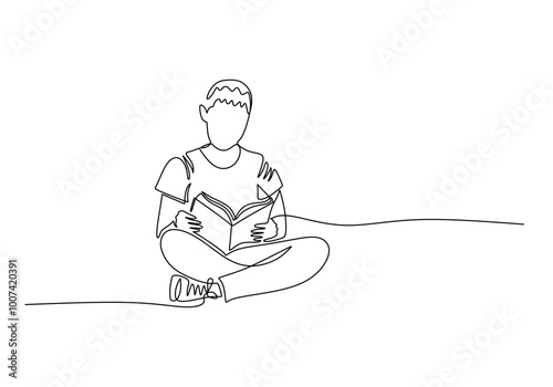Child reading a book in one line drawing. Academic exploration and education concept. Vector art.