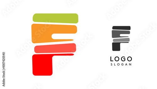 Bright colorful letter F, layers blocks like sandwich, stone balancing or rock stacking. Modern cartoon monogram for kid joyful book, fun logo. Vector illustration