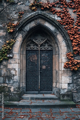 Gothic arch doorway with black metal door and ivy covered stone wall