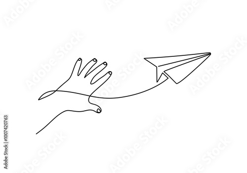 Hand throwing paper airplane in one line drawing. Energy theme. Minimalist vector design.