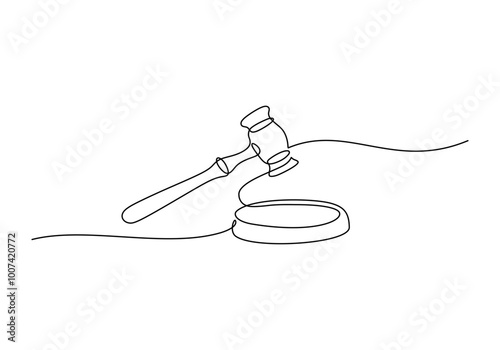 Judge gavel in one line drawing. Law and justice concept. Minimalist vector illustration.
