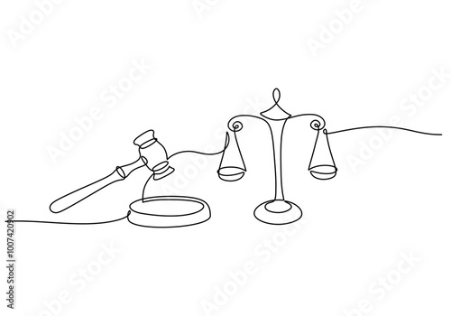 Judge’s gavel and scales of justice in one line drawing. Law concept. Minimalist vector illustration.