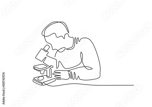 Scientist using microscope in one line drawing. Research and discovery theme. Simple vector art.