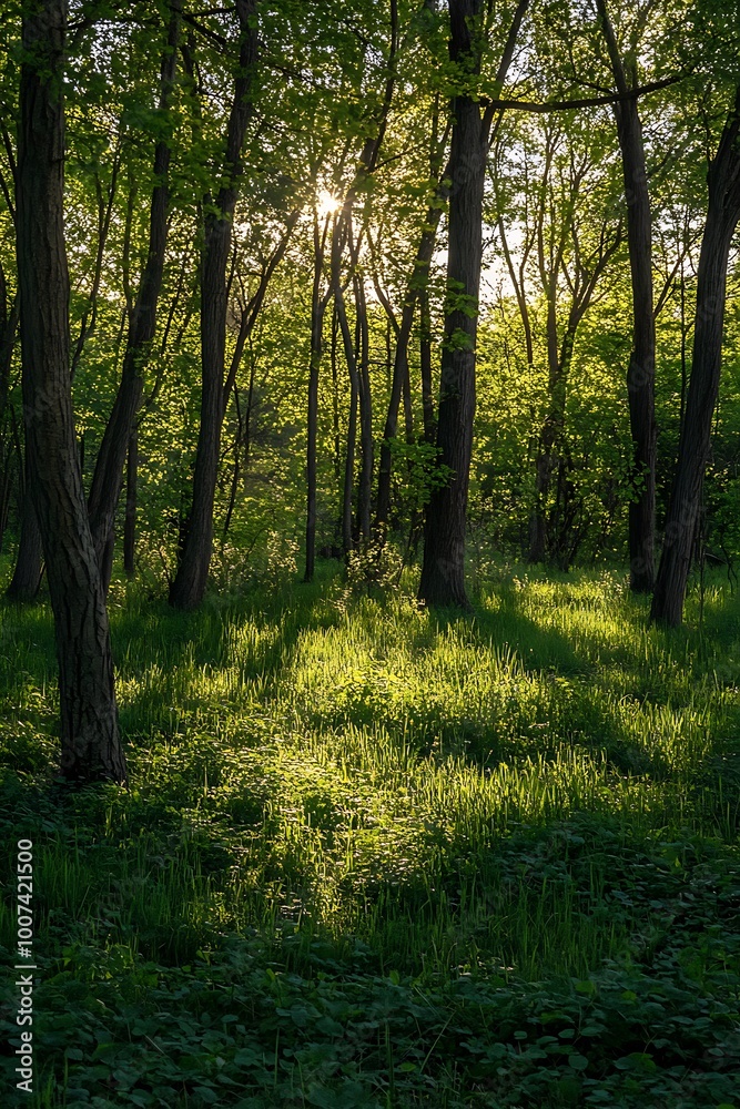 Sunlight through trees in a lush green forest Sunlight through trees in a lush green forest