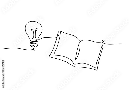 Open book with light bulb in one line drawing. Creative learning concept. Minimalist vector art.