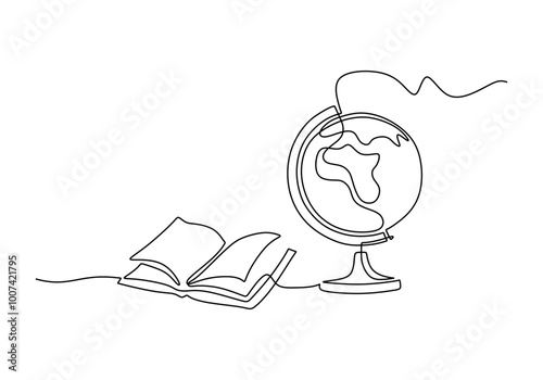 Globe and book continuous one line drawing. Education and back to school concept. Vector illustration minimalist background.