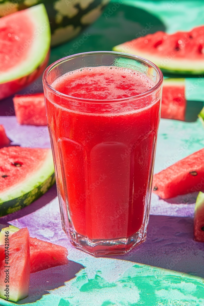 An image of a watermelon juice glass in the summertime An image of a watermelon juice glass in the summertime