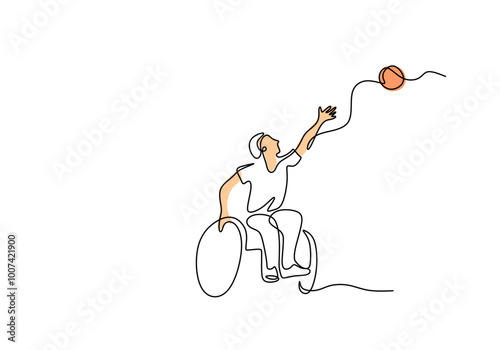 Man playing wheelchair basketball in one line drawing. Sport and disability concept.