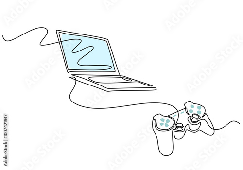 Joystick and laptop in one line drawing. Gaming and entertainment illustration.