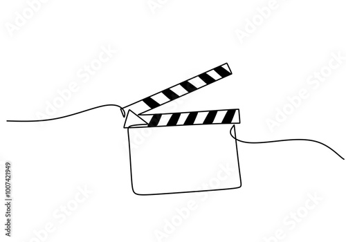 Film clapper in one line drawing. Minimalist entertainment concept.