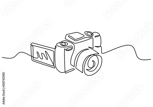 Camera in one line drawing. Photography and travel gadget minimalist concept.