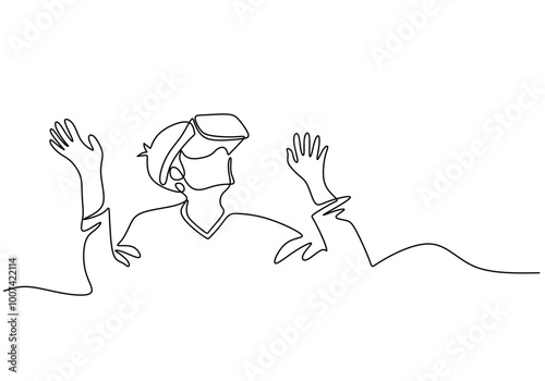 People using VR in one line drawing. Virtual reality and entertainment concept.