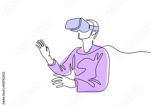 Man enjoying VR in one line drawing. Virtual reality tech and entertainment.