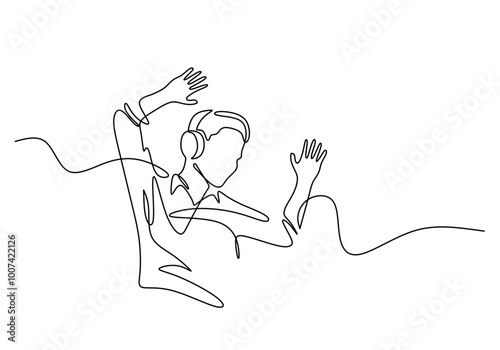 Man wearing headphones in one line drawing. Minimalist entertainment and music concept.