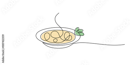 Spaghetti on a plate in one line drawing. Italian food illustration.