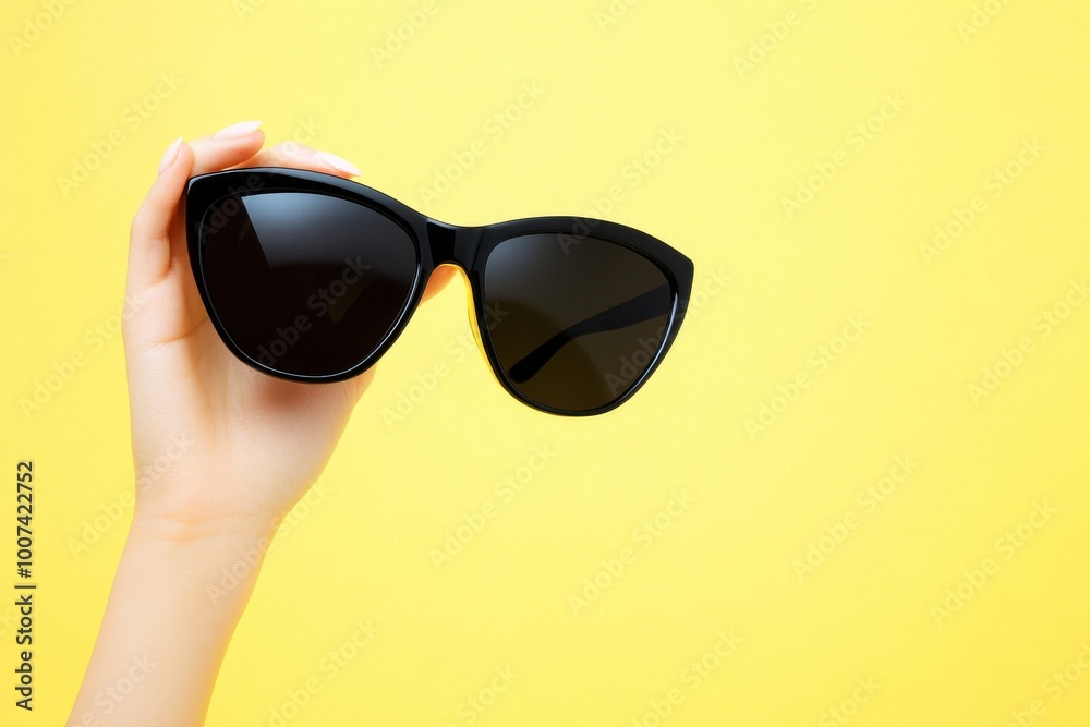 Fototapeta premium On a yellow background, female hands hold stylish sunglasses