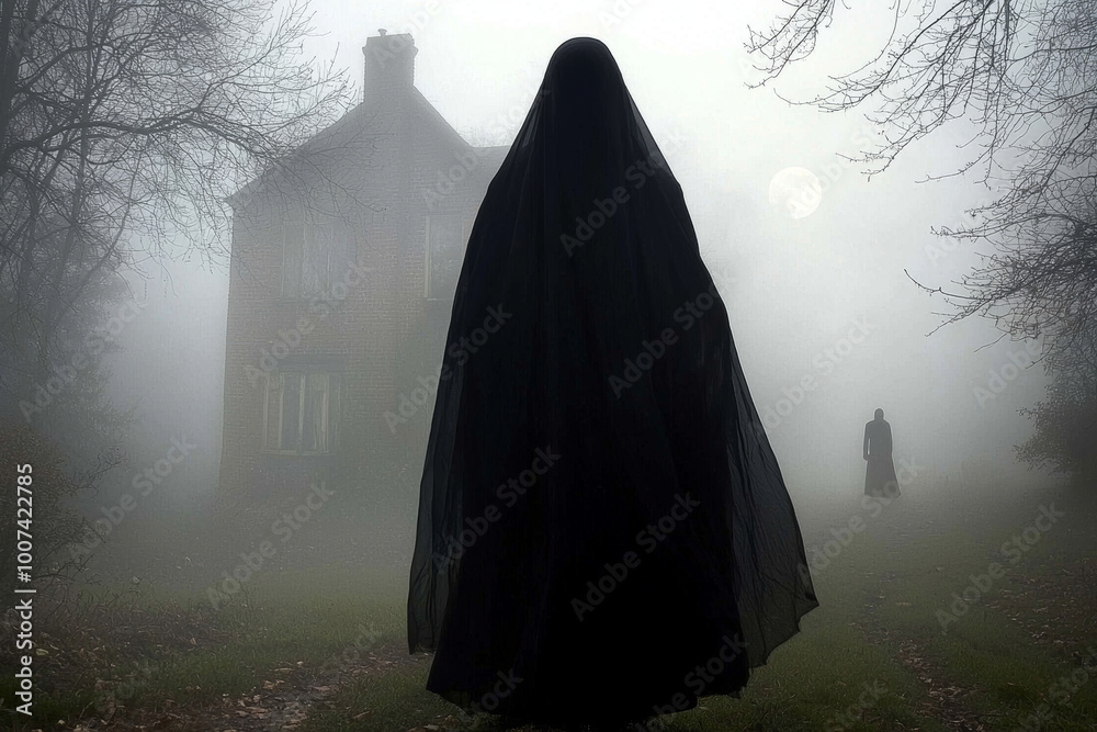 mysterious foggy evening scene in haunted forest features shadowy figures near eerie house. atmosphere evokes sense of suspense and intrigue mysterious foggy evening scene in haunted forest features shadowy figures near eerie house. atmosphere evokes sense of suspense and intrigue