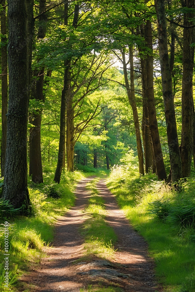 Fototapeta premium Sunlit Path through Lush Green Forest