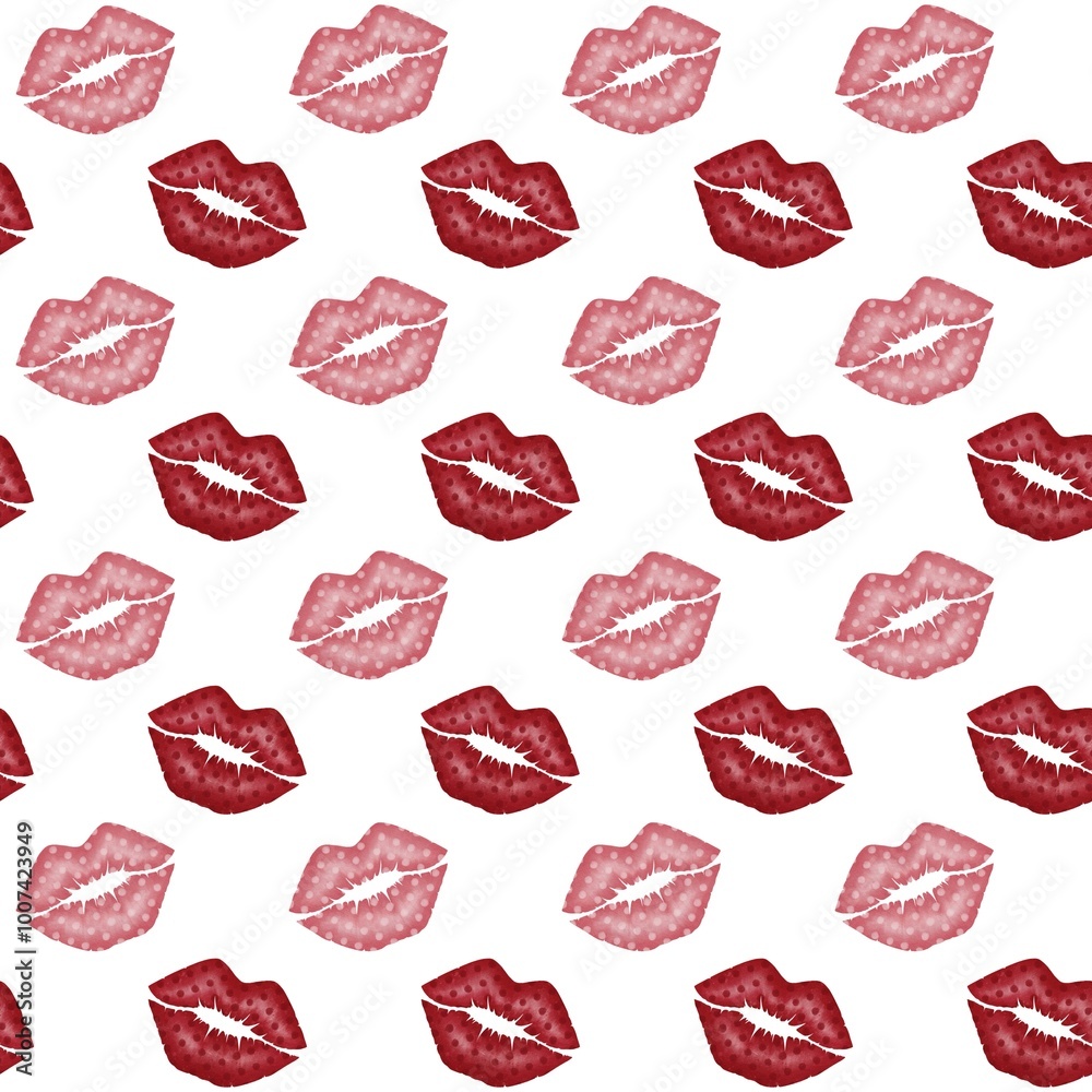 Seamless pattern on the St.Valentine’s day with watercolor dotted red and pink lips prints on the white background. Illustration perfect for textile, fabric, wrapping paper Seamless pattern on the St.Valentine’s day with watercolor dotted red and pink lips prints on the white background. Illustration perfect for textile, fabric, wrapping paper