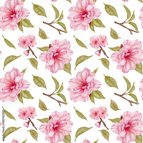 Wallpaper Mural Seamless pattern with watercolor sakura flowers, branches and leaves drawn in realistic style on a white background. Illustration perfect for textile, fabric, wrapping, wallpaper Torontodigital.ca