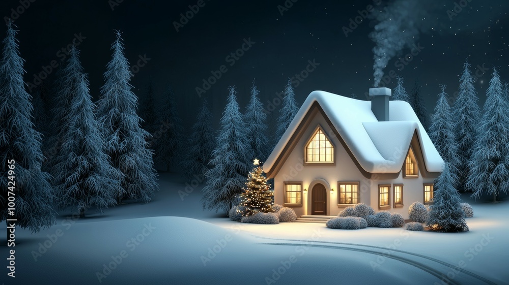 Naklejka premium A cozy cabin with a Christmas tree in the front yard