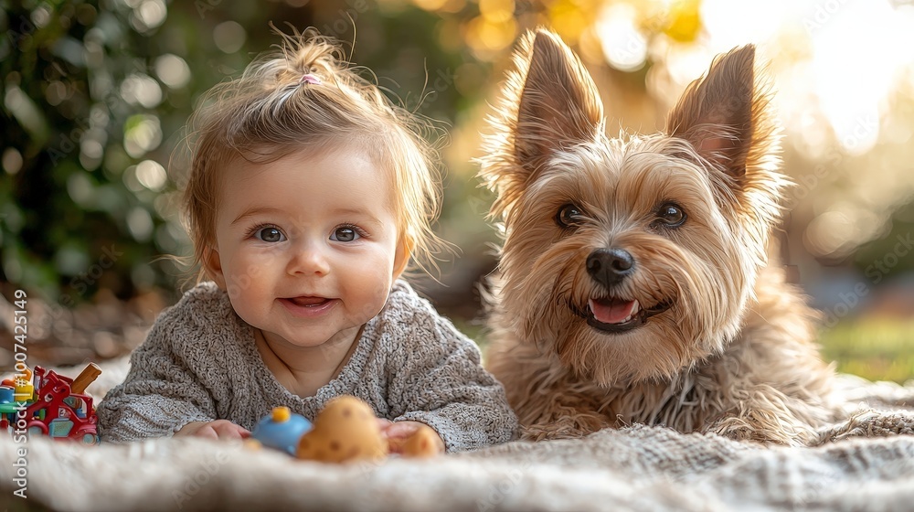 A joyful baby and a dog playing together outdoors, showcasing friendship and happiness. A joyful baby and a dog playing together outdoors, showcasing friendship and happiness.