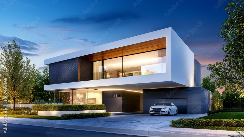 A large white house with a car parked in the driveway A large white house with a car parked in the driveway