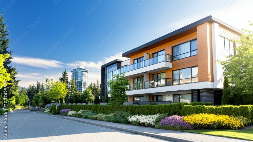 Fototapeta premium A large apartment building with a green lawn and flowers in front of it