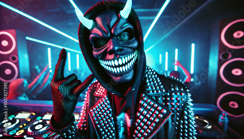 Men taking selfie wearing neon light devils mask at party