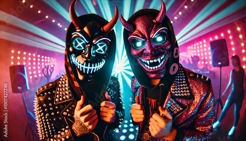 Men taking selfie wearing neon light devils mask at party