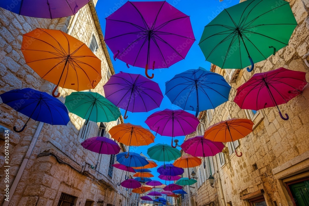 Obraz premium The street is flooded with colourful umbrellas